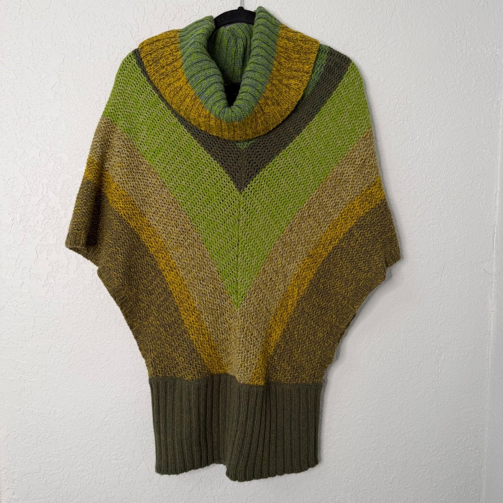 Attyre New York Women Green Chevron Knit Cowl‎ Neck Poncho Sweater Large 2596714